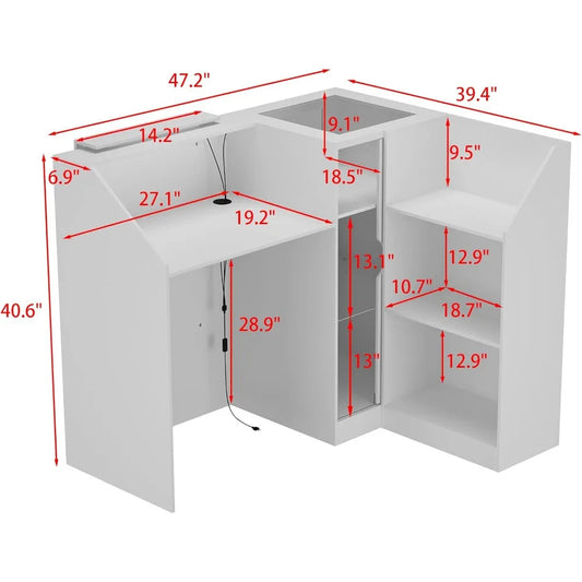 Reception Desk with LED Lights – Modern Front Counter with Glass Display, Storage Shelves & Adjustable Glass Panels for Salon, Clinic, or Retail
