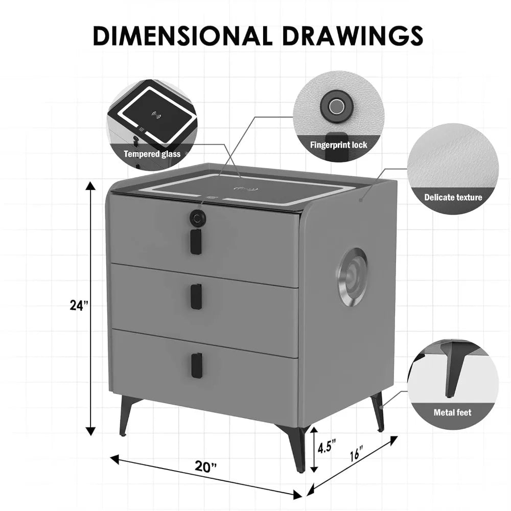 Smart Nightstand with Fingerprint Lock, Wireless Charging, LED Light, Bluetooth Speaker & USB Ports – 3-Drawer Modern Bedside Table