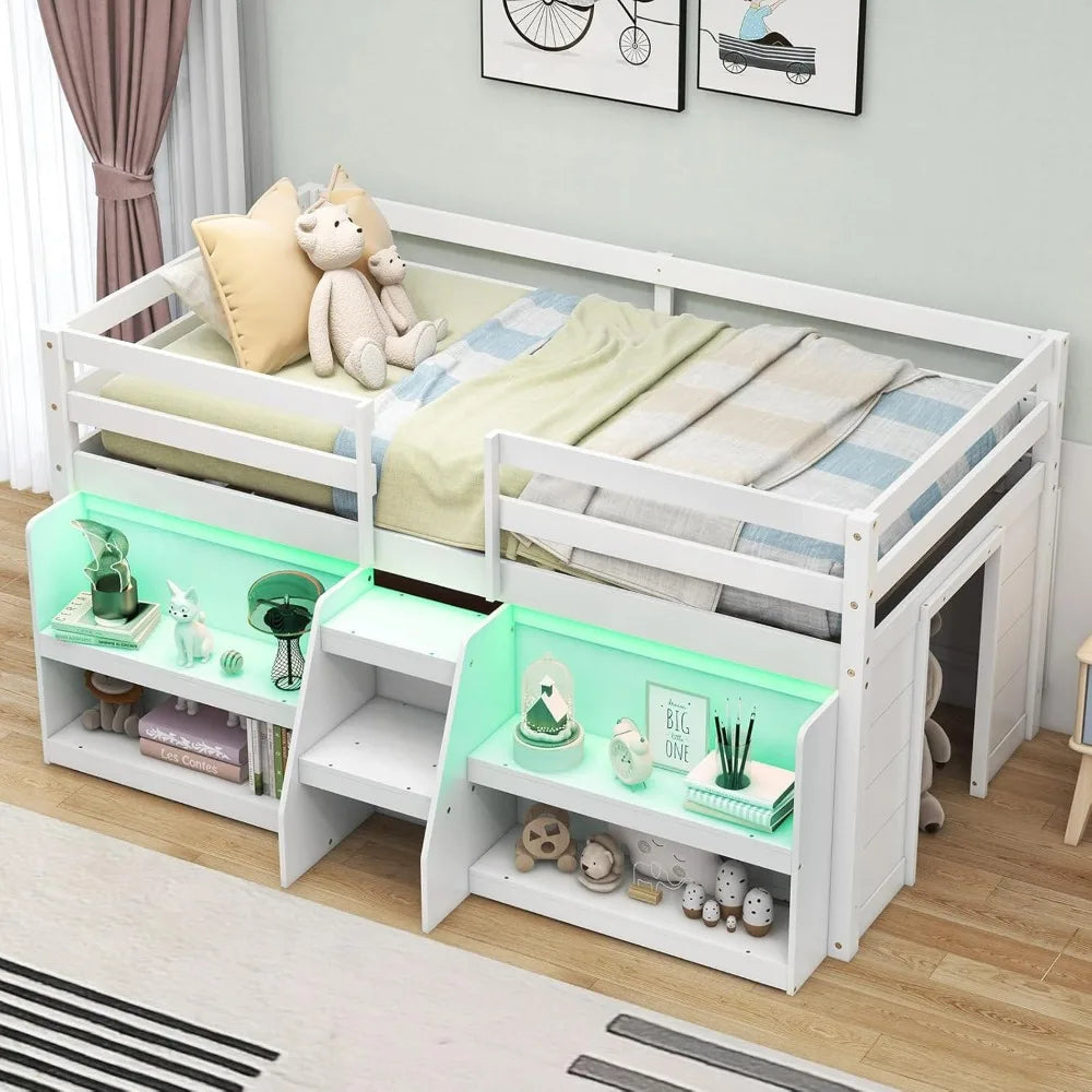 Twin Low Loft Bed with LED Lights, Stairs, Guardrail & Bookcase – Solid Wood Frame with Under-Bed Storage