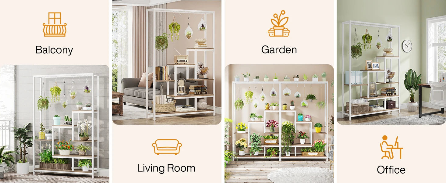 Tall 5-Tier Indoor Plant Stand with Hooks – Metal Flower Display Rack with 7 Shelves for Balcony & Living Room