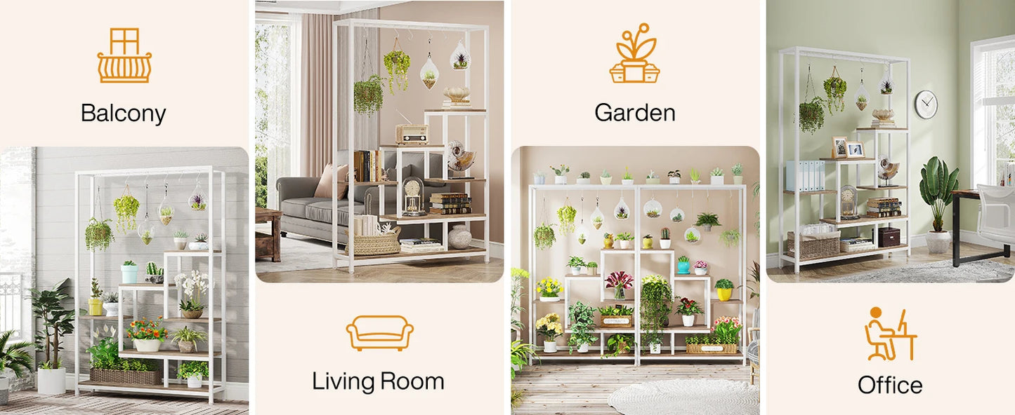 Tall 5-Tier Indoor Plant Stand with Hooks – Metal Flower Display Rack with 7 Shelves for Balcony & Living Room