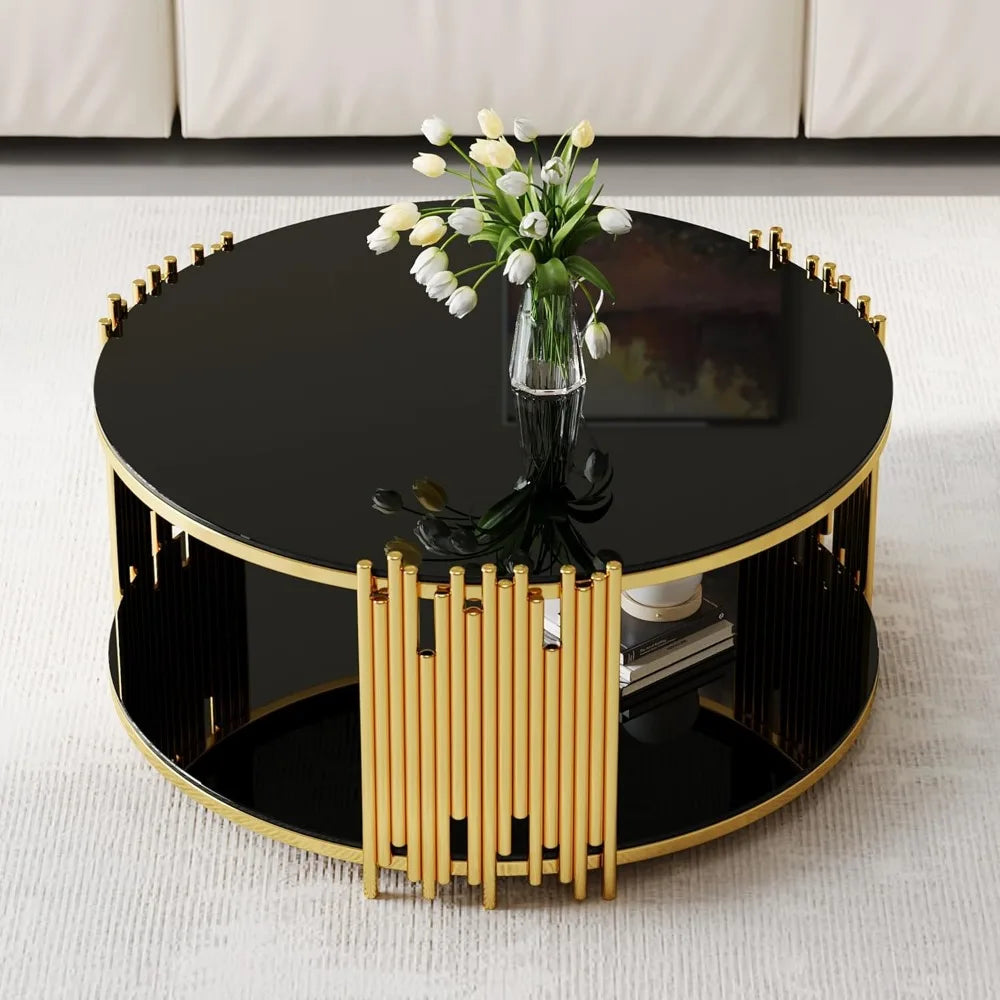 36" Black & Gold Round Glass Coffee Table – Modern 2-Tier Luxury Coffee Table with Tempered Glass and Gold Stainless Steel Frame