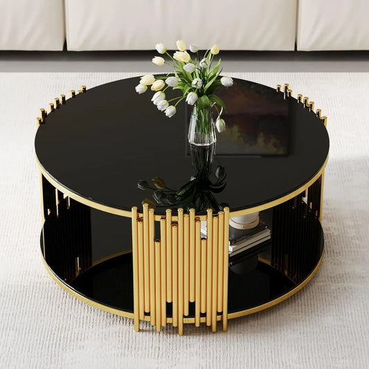 36" Black & Gold Round Glass Coffee Table – Modern 2-Tier Luxury Coffee Table with Tempered Glass and Gold Stainless Steel Frame