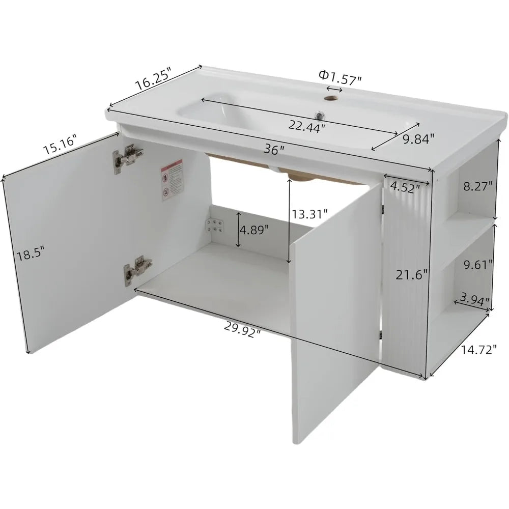 36" Wall-Mounted Floating Bathroom Vanity with Ceramic Sink – Modern Soft-Close Cabinet & Open Storage (White)