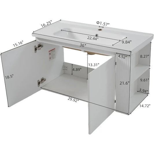 36" Wall-Mounted Floating Bathroom Vanity with Ceramic Sink – Modern Soft-Close Cabinet & Open Storage (White)