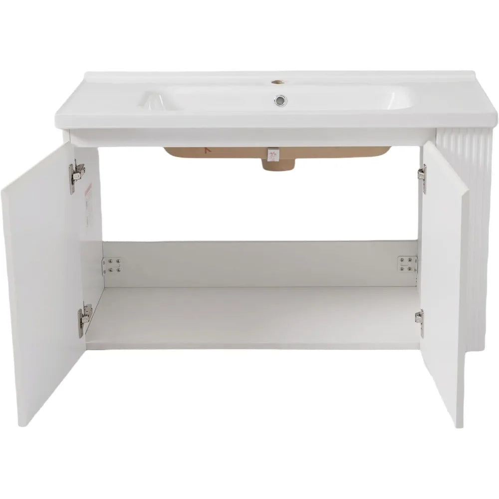 36" Wall-Mounted Floating Bathroom Vanity with Ceramic Sink – Modern Soft-Close Cabinet & Open Storage (White)
