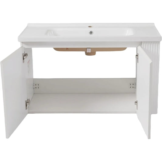 36" Wall-Mounted Floating Bathroom Vanity with Ceramic Sink – Modern Soft-Close Cabinet & Open Storage (White)