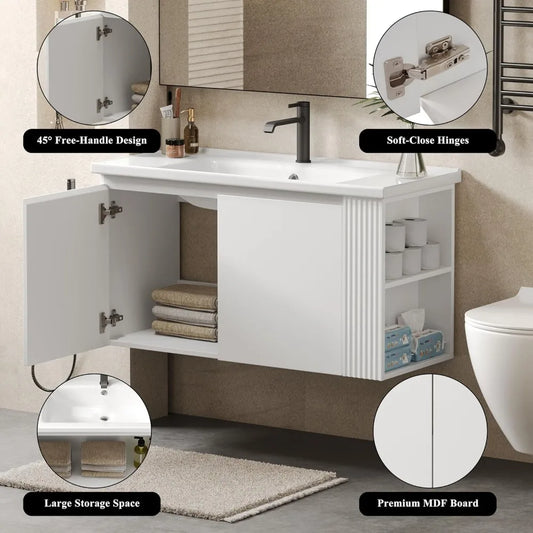 36" Wall-Mounted Floating Bathroom Vanity with Ceramic Sink – Modern Soft-Close Cabinet & Open Storage (White)