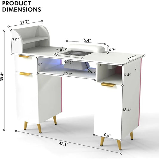 Professional Nail Technician Table with Dust Collector, USB Charging & Storage – White Manicure Station