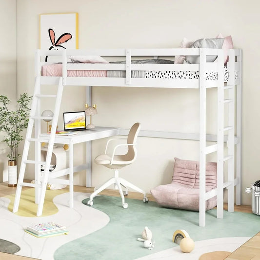 Twin Loft Bed with Desk – Solid Wood Frame, Safety Guardrails, Dual Ladders, Space-Saving Design for Teens & Adults, White