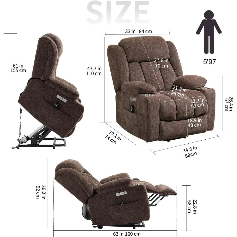 Power Lift Recliner Chair with Full-Body Massage & Heat – Electric Chenille Recliner with USB, Type-C, Cup Holders & Remote, 350 lb Capacity