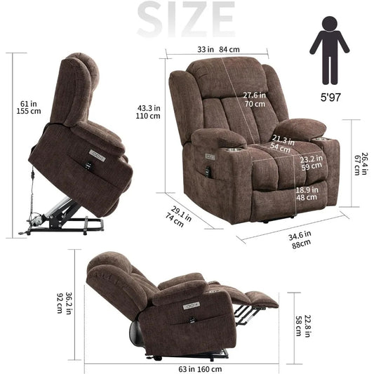 Power Lift Recliner Chair with Full-Body Massage & Heat – Electric Chenille Recliner with USB, Type-C, Cup Holders & Remote, 350 lb Capacity