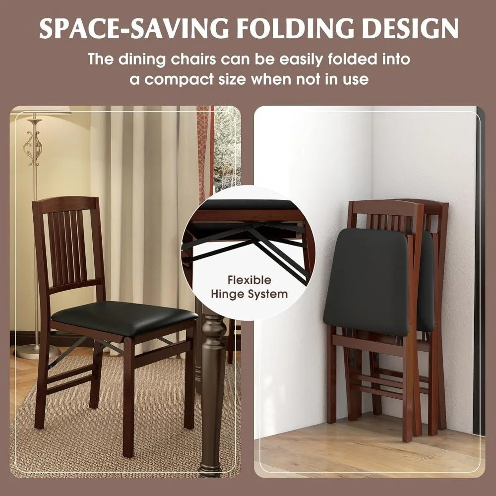 Set of 4 Folding Wooden Dining Chairs – No Assembly, Padded Faux Leather Seat, 400 lbs Capacity, Space-Saving Side Chairs (Brown/Black)