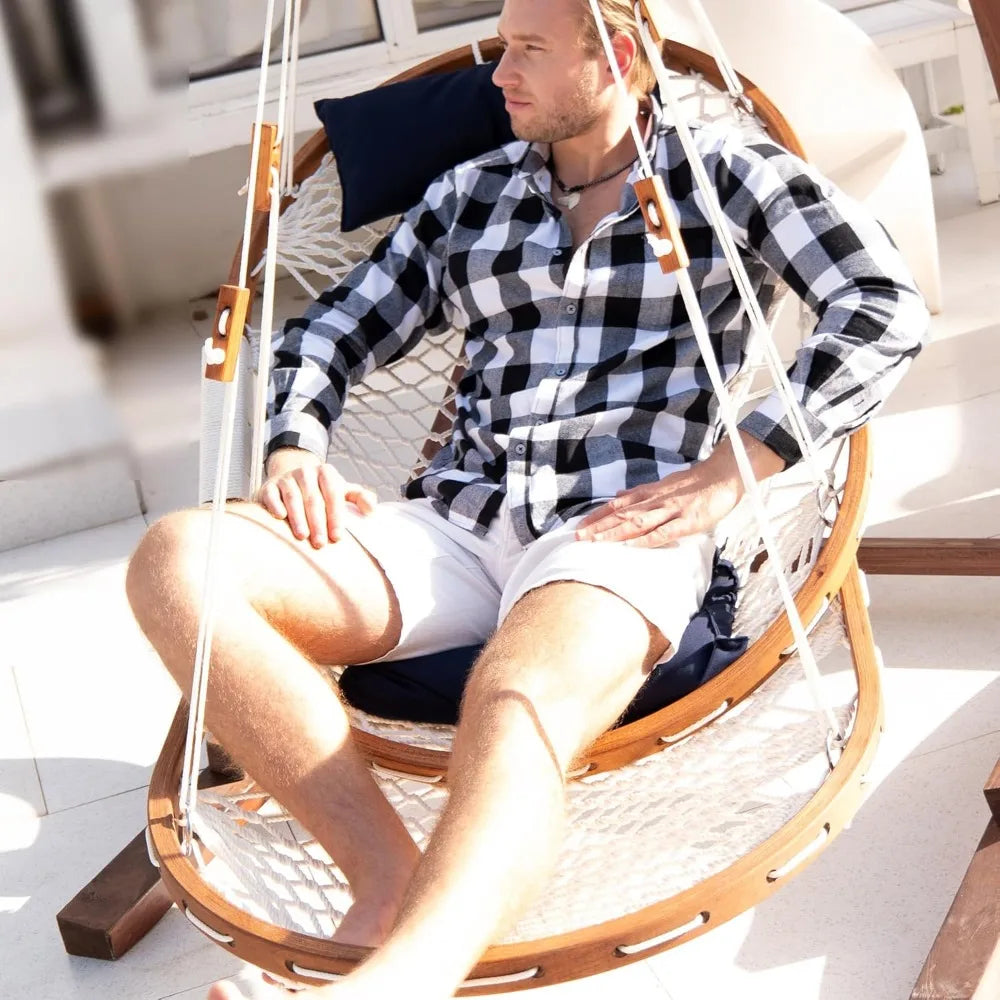 Summit Hanging Hammock Chair with Wooden Frame, Navy Cushions & Footrest – Handwoven Canvas Swing for Patio, Porch, or Indoor Use