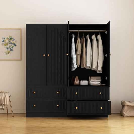 Set of 2 Black Freestanding Wardrobe Closets – 2-Door Armoire with Drawers, Modern Storage Cabinet for Clothes & Shoes