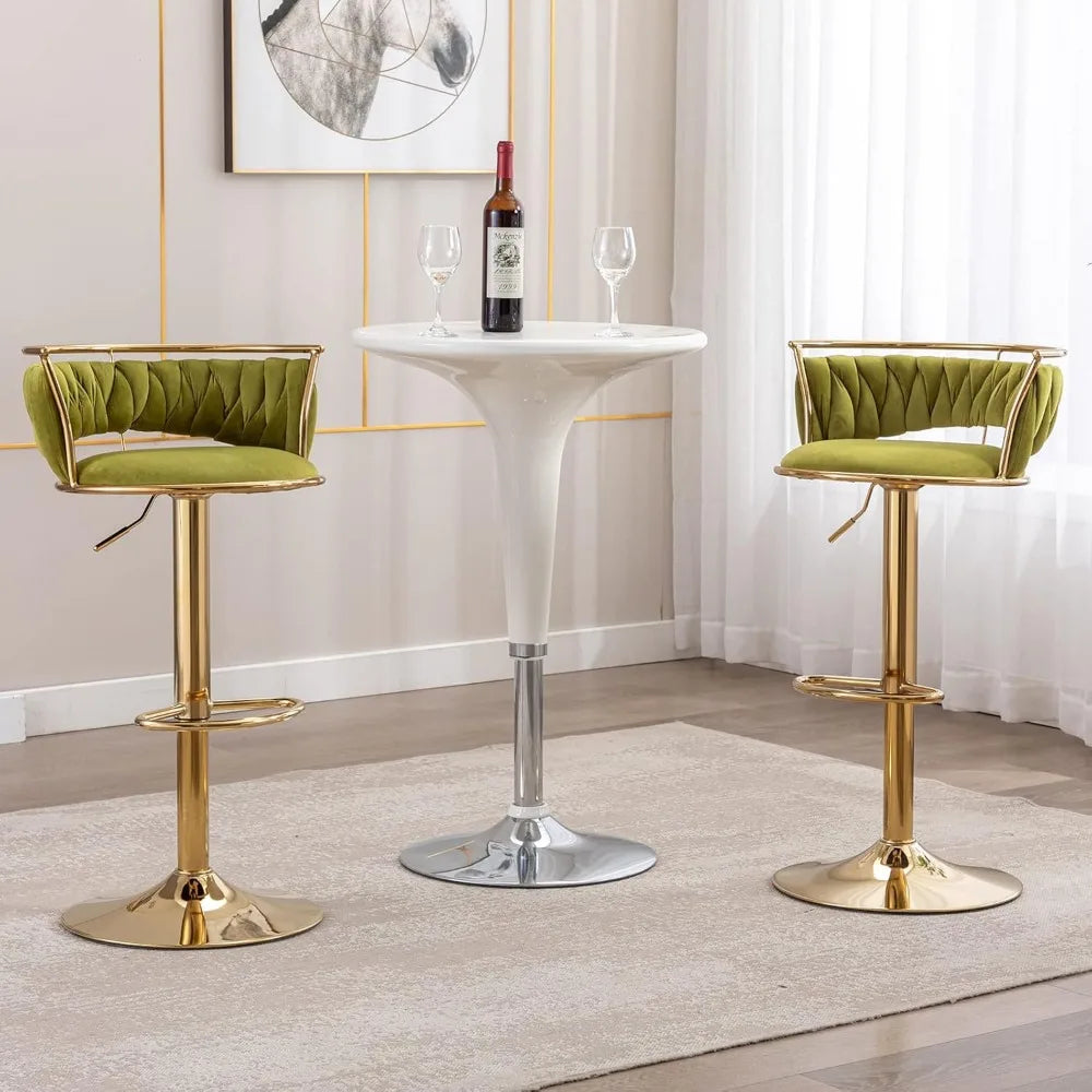Set of 2 Modern Velvet Swivel Bar Stools – Adjustable Height Counter Chairs with Gold Base