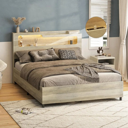 Queen Size Platform Bed with Lift-Up Storage, 2-Tier Headboard & Charging Station – Gray
