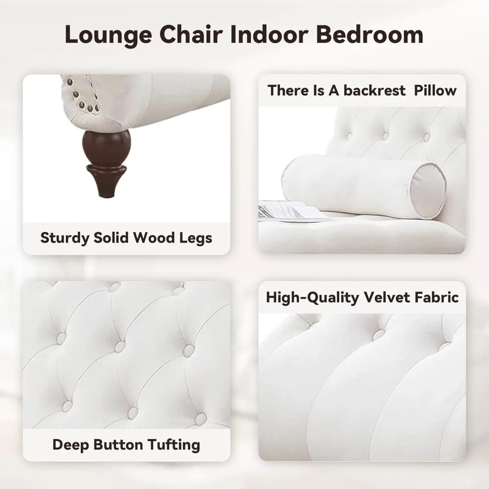 Velvet Tufted Chaise Lounge Chair with Pillow – Upholstered Indoor Recliner with Wood Legs & Ergonomic Curved Design (Beige)