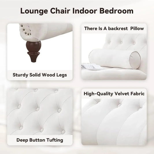 Velvet Tufted Chaise Lounge Chair with Pillow – Upholstered Indoor Recliner with Wood Legs & Ergonomic Curved Design (Beige)