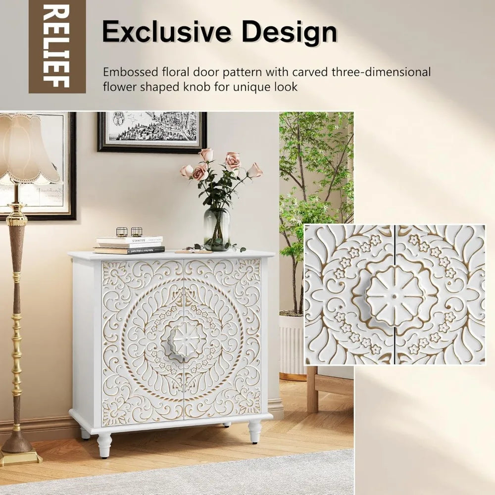 White Accent Cabinet with 2 Doors – Decorative Sideboard Buffet with Carved Floral Pattern, Storage Shelves & Solid Wood Legs
