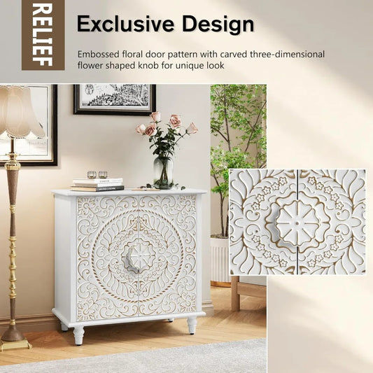 White Accent Cabinet with 2 Doors – Decorative Sideboard Buffet with Carved Floral Pattern, Storage Shelves & Solid Wood Legs