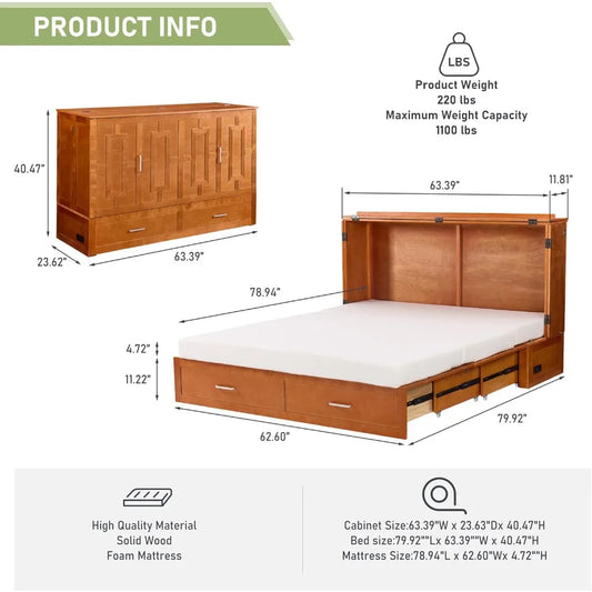 Queen Murphy Bed with Mattress & Storage – Foldable Cabinet Bed with Drawers & Charging Station for Small Spaces (Cherry Finish)