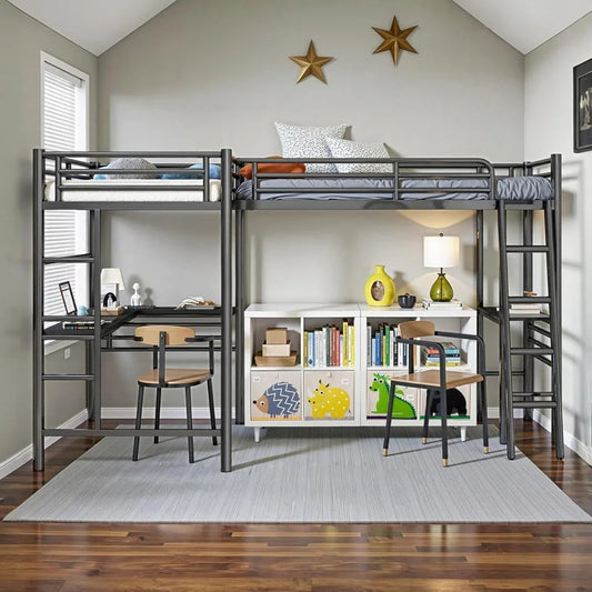 Twin L-Shaped Loft Bed with 2 Desks – Heavy-Duty Metal Corner Bunk Bed with Ladders & Safety Guardrails