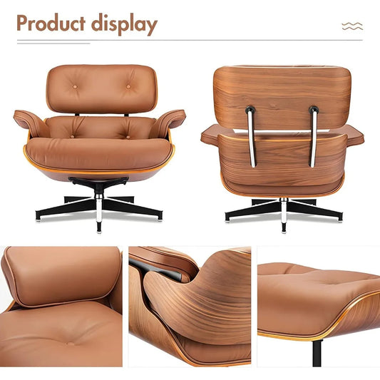 Top Grain Leather Lounge Chair & Ottoman – Mid-Century Modern Swivel Recliner with Walnut Base, Ergonomic Reading Accent Chair