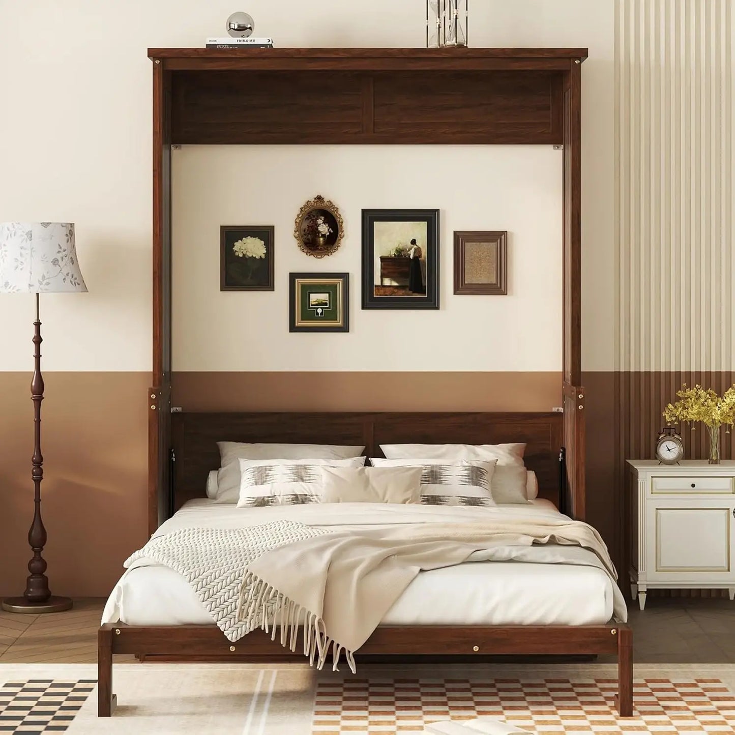 Queen Size Murphy Bed with Desk & Storage – Foldable Wall Bed Frame with Gas Struts, Hidden Cabinet Style for Guest Room/Home Office