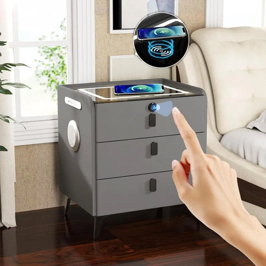 Smart Nightstand with Fingerprint Lock, Wireless Charging, LED Light, Bluetooth Speaker & USB Ports – 3-Drawer Modern Bedside Table