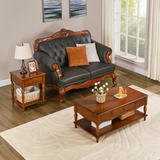 Vintage Rectangular Coffee Table with 2 Storage Drawers – Mid-Century Solid Wood Table with Carved Legs & Shelf