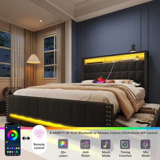 Queen Bed Frame with Storage Drawers, LED Headboard & Charging Ports