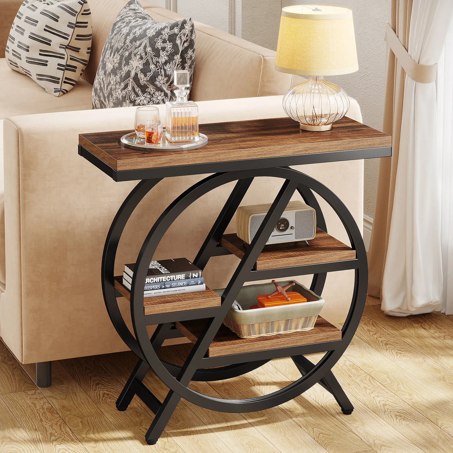 Rustic Narrow Side Table with Storage – Industrial Wood and Metal End Table with Geometric Frame for Living Room or Bedroom