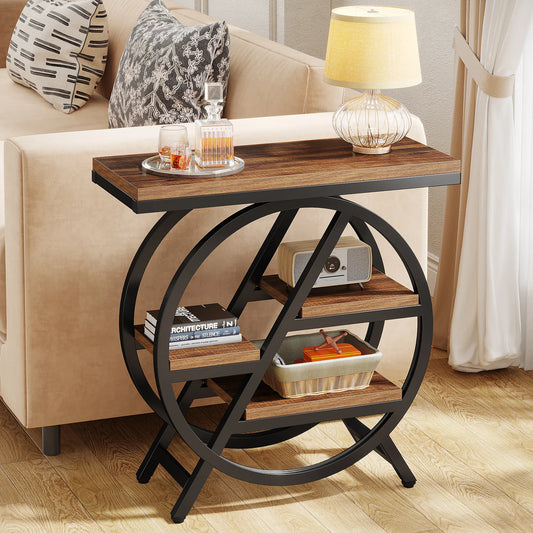 Rustic Narrow Side Table with Storage – Industrial Wood and Metal End Table with Geometric Frame for Living Room or Bedroom