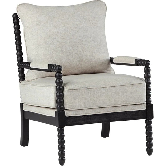 Spindle Back Linen Accent Chair – Mid-Century Wood Frame Armchair with Cushions & Armrest Pads