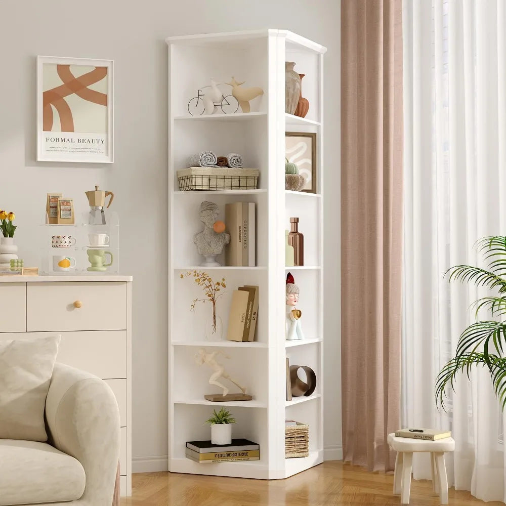 Set of 2 Tall 6-Tier Corner Bookshelves – Space-Saving Modern Display Shelves with Wall Mount & Triangular Design