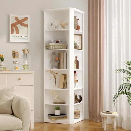 Set of 2 Tall 6-Tier Corner Bookshelves – Space-Saving Modern Display Shelves with Wall Mount & Triangular Design