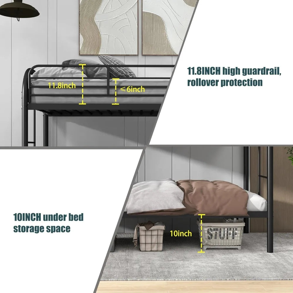Twin Over Twin Metal Bunk Bed – Heavy Duty Frame with 2 Ladders & 11.8" Guardrail, Space-Saving Design