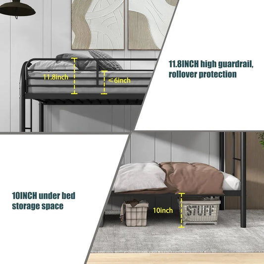 Twin Over Twin Metal Bunk Bed – Heavy Duty Frame with 2 Ladders & 11.8" Guardrail, Space-Saving Design