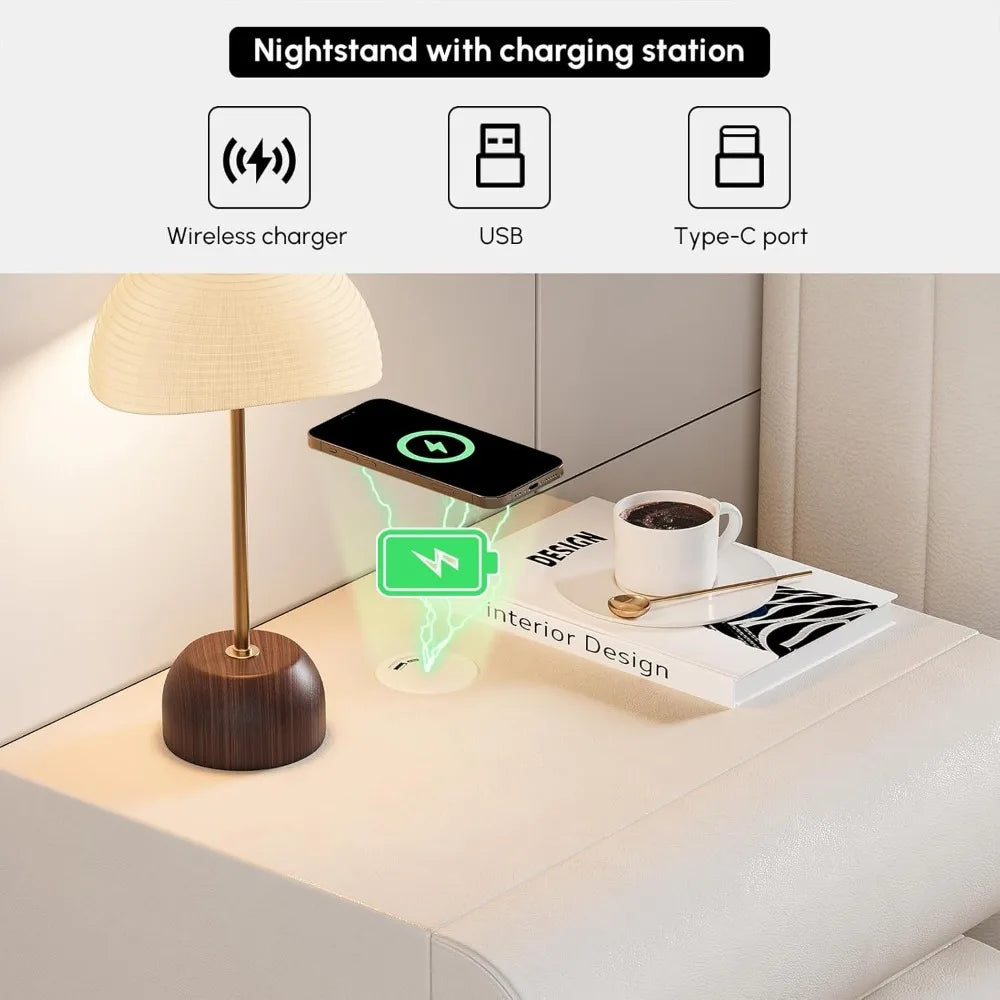 Smart Leather Nightstand with Wireless Charger & USB Ports – 2-Drawer Modern Bedside Table (White)