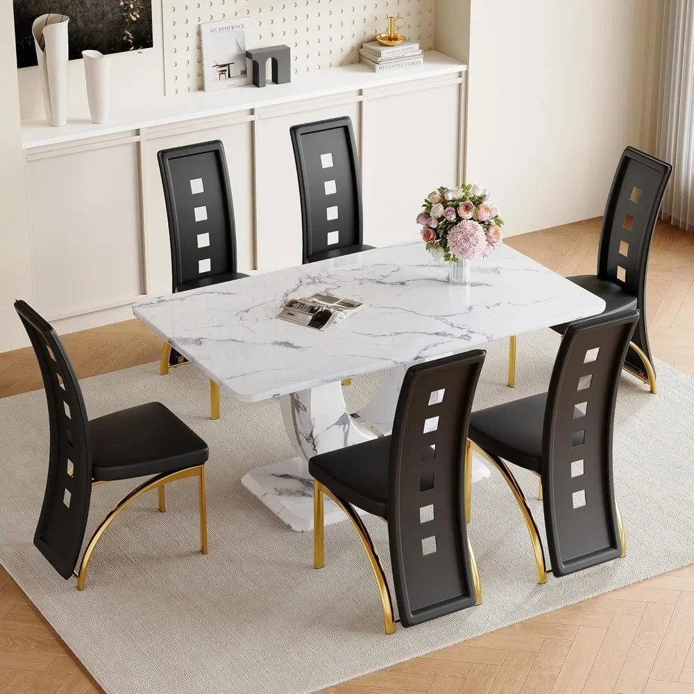 Set of 6 Modern High-Back Dining Chairs – Faux Leather Upholstery, Black with Gold Legs, Ergonomic & Stylish Seating