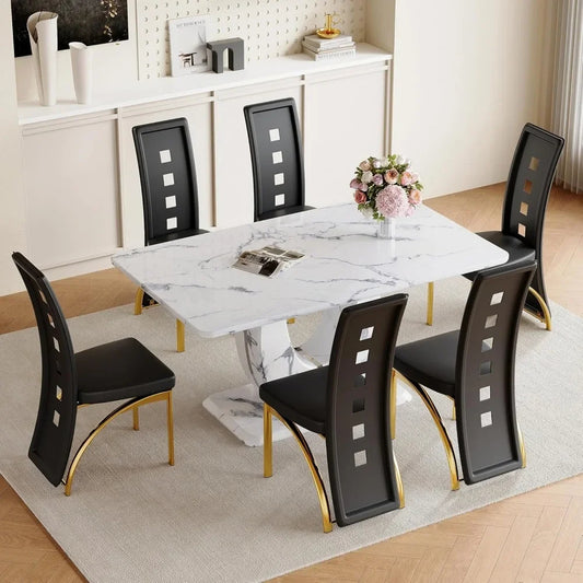 Set of 6 Modern High-Back Dining Chairs – Faux Leather Upholstery, Black with Gold Legs, Ergonomic & Stylish Seating