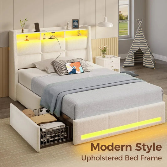 Twin Size Upholstered Bed Frame with LED Lights, Charging Station & Storage Drawers – White Lambswool Platform Bed, No Box Spring Needed
