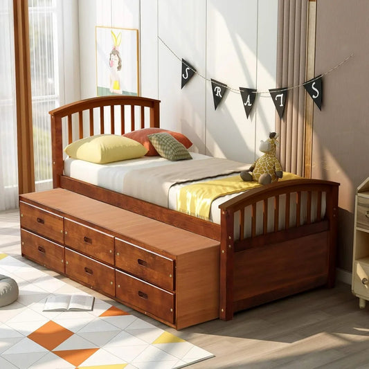 Twin Platform Bed with 6 Storage Drawers – Solid Wood Frame, No Box Spring Needed, Walnut Finish