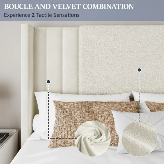 Queen Size Upholstered Bed Frame with LED Lights – Boucle & Velvet, Tall Wingback Headboard, No Box Spring Needed, Modern Platform