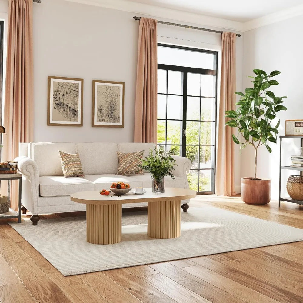 Oval Fluted Wood Coffee Table – Mid-Century Modern Farmhouse Center Table for Living Room, Natural Finish