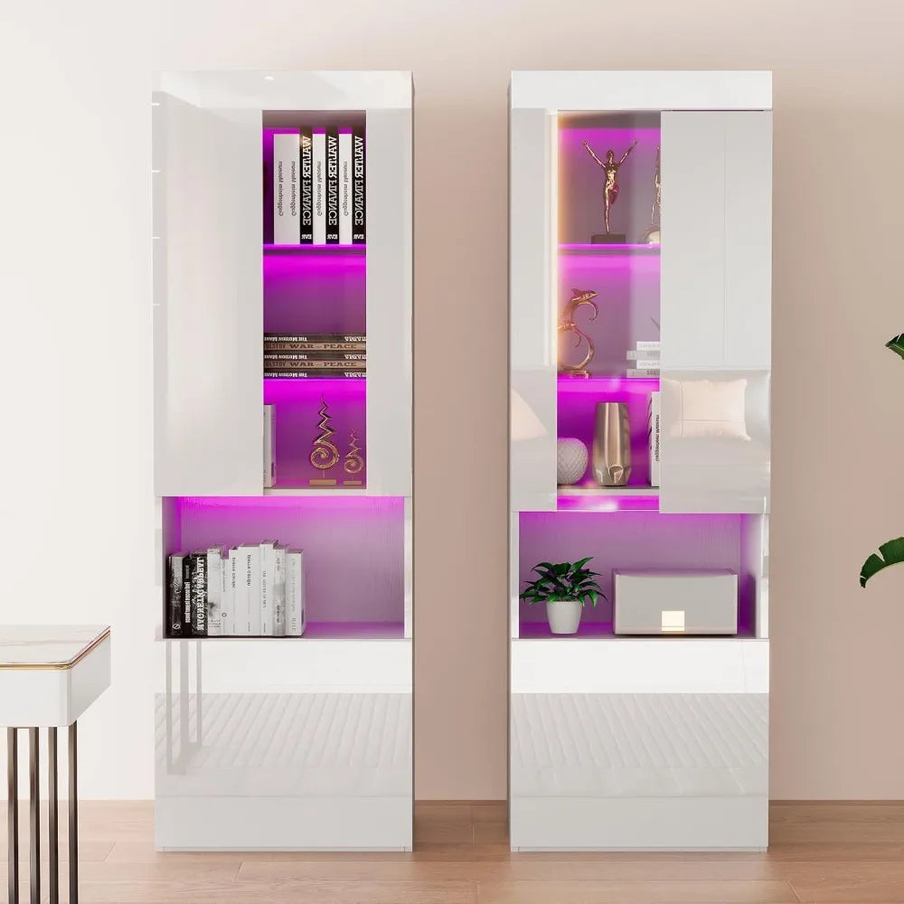 Set of 2 Tall 71" LED Bookcase Display Cabinets – Glass Doors, Gloss Finish, Adjustable Shelves