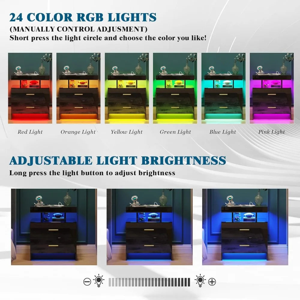 Set of 2 LED Nightstands with USB, Type-C & Wireless Charging – Modern Black Bedside Tables with RGB Auto Lights & Storage Drawers