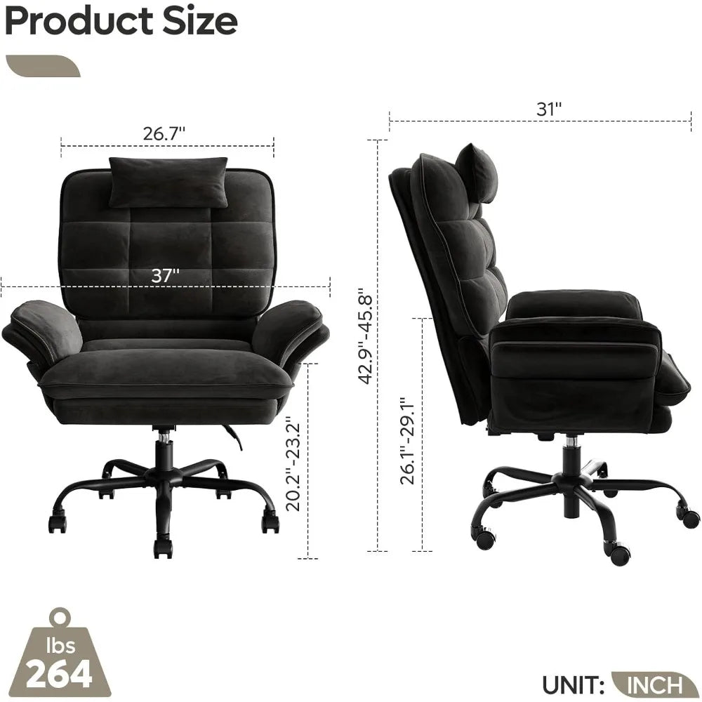 Velvet Executive Office Chair with Flip-Up Arms, 135° Reclining Ergonomic Desk Chair, Wide High Back with Headrest & Storage Pockets – Black
