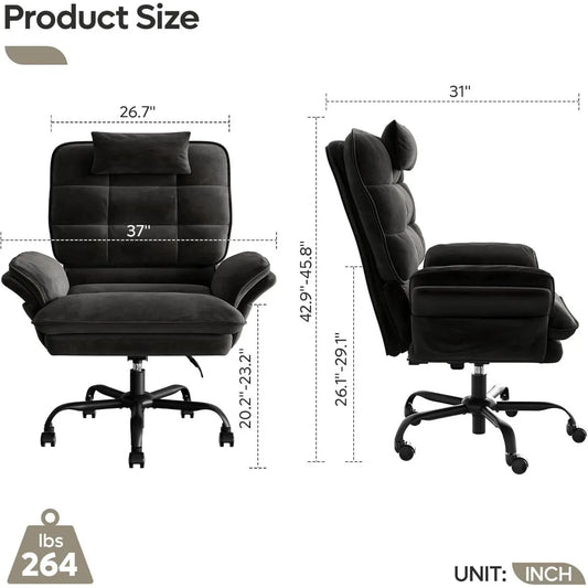 Velvet Executive Office Chair with Flip-Up Arms, 135° Reclining Ergonomic Desk Chair, Wide High Back with Headrest & Storage Pockets – Black